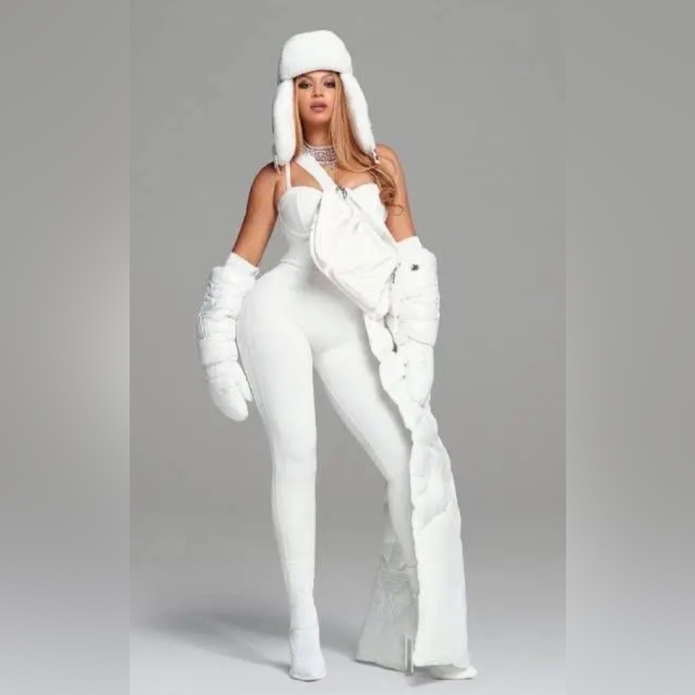 Ivy park adidas All-White Fitted Jumpsuit with Winter Accessories